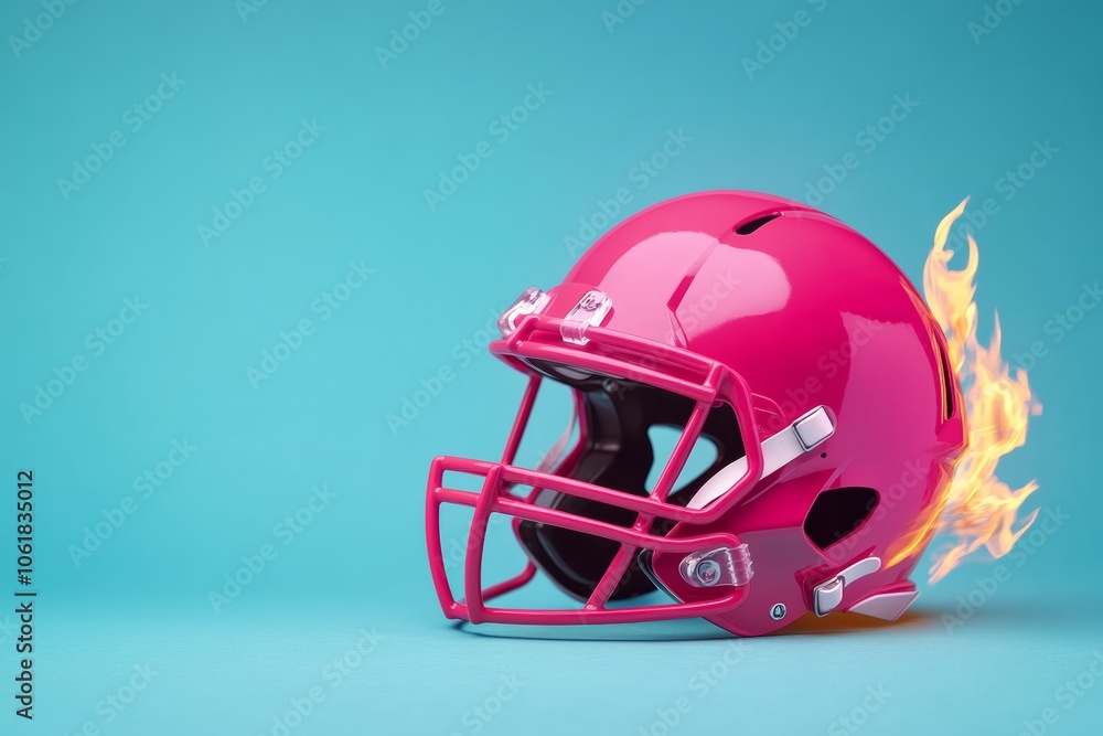 Pink football helmet with a fire on it. The helmet is on a blue background. The fire on the helmet is orange and yellow Pink football helmet with a fire on it. The helmet is on a blue background. The fire on the helmet is orange and yellow
