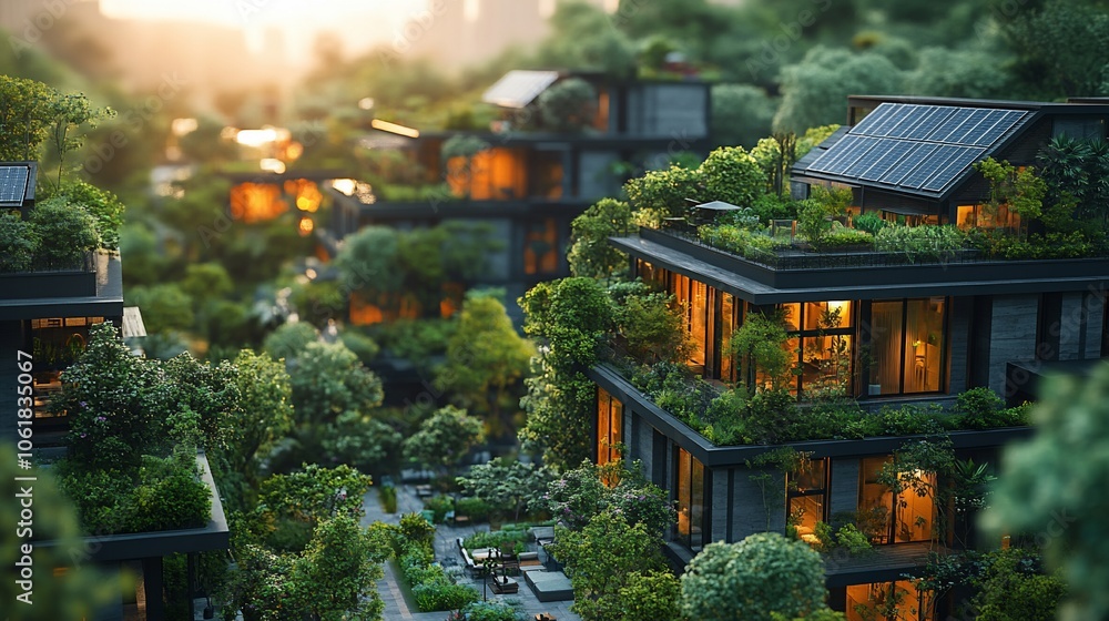 Modern, sustainable neighborhood with green roofs, solar panels, and lush vegetation at sunset. Modern, sustainable neighborhood with green roofs, solar panels, and lush vegetation at sunset.