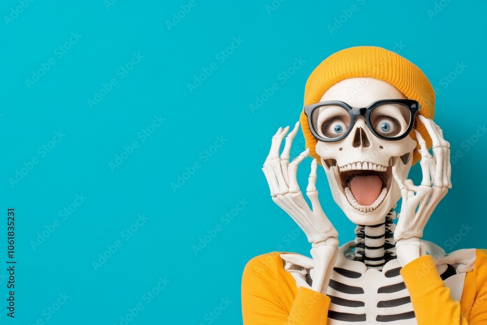 Skeleton wearing glasses and a yellow hat is smiling and making a funny face. The image has a lighthearted and humorous mood Skeleton wearing glasses and a yellow hat is smiling and making a funny face. The image has a lighthearted and humorous mood