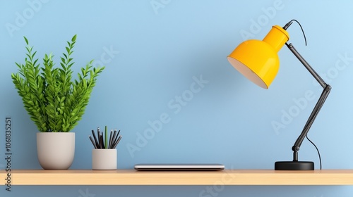 Minimalist Workspace with Yellow Lamp and Green Plant