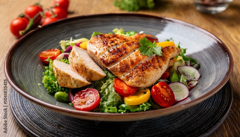 ジューシーなグリル鶏肉と新鮮な野菜のサラダ、軽やかなドレッシングが調和した美味しい健康的な一皿 ジューシーなグリル鶏肉と新鮮な野菜のサラダ、軽やかなドレッシングが調和した美味しい健康的な一皿