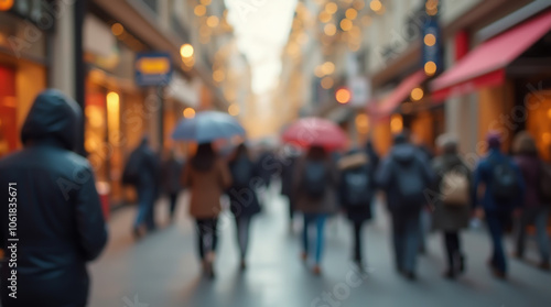 Wallpaper Mural Blurred image of people with umbrellas walking along a cozy tourist street with holiday lights on a rainy day Torontodigital.ca
