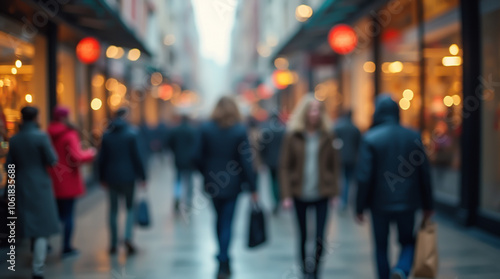 Wallpaper Mural Blurred image of a cozy tourist street with people and shops, lit by holiday lights Torontodigital.ca