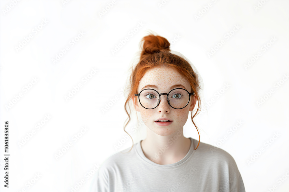 Young pretty redhead girl over isolated white background with glasses Young pretty redhead girl over isolated white background with glasses