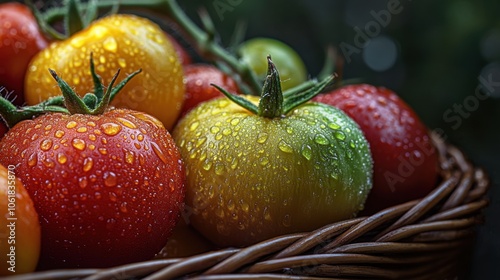 Close-up of fresh heirloom tomatoes with droplets in a woven basket, showcasing vibrant colors and textures on a sunny day