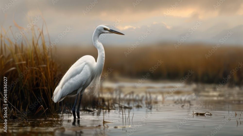 A serene white heron stands gracefully in shallow water, surrounded by golden grasses, under a soft, cloudy sky. A serene white heron stands gracefully in shallow water, surrounded by golden grasses, under a soft, cloudy sky.