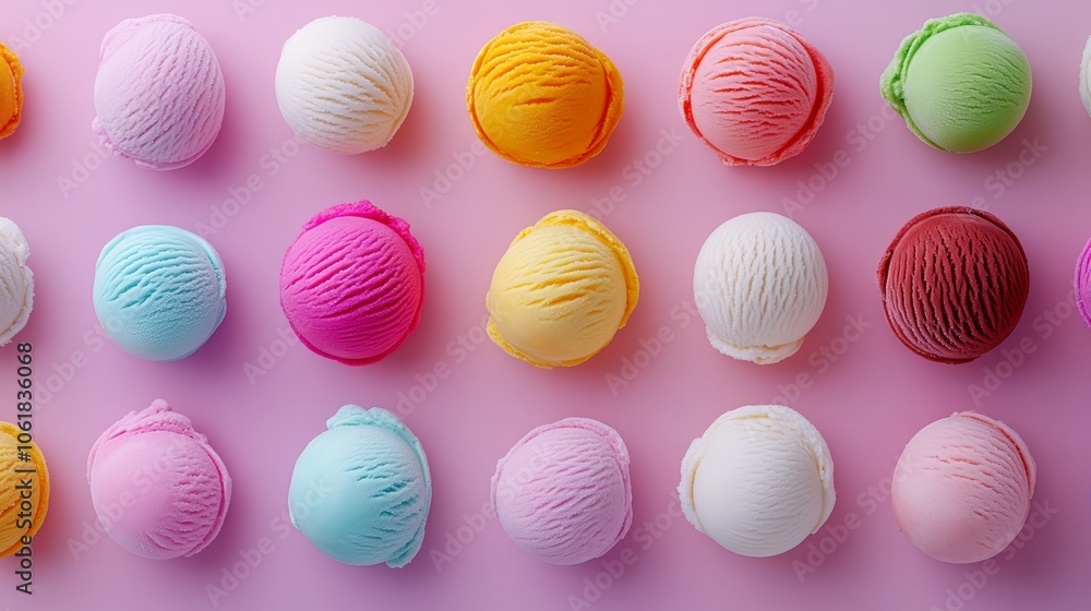 Fototapeta premium Row of colorful ice cream balls on a pink background. The ice cream balls are of different colors and sizes, creating a visually appealing and playful scene