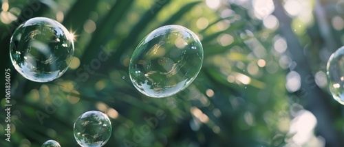 Wallpaper Mural Crystal clear soap bubbles float gently amidst the leaves, catching light and reflecting the vibrant greenery of a garden. Torontodigital.ca