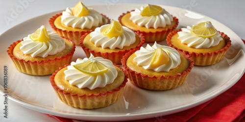 Six Small Lemon Tarts Decorated with Whipped Cream and Lemon Slices on a White Plate