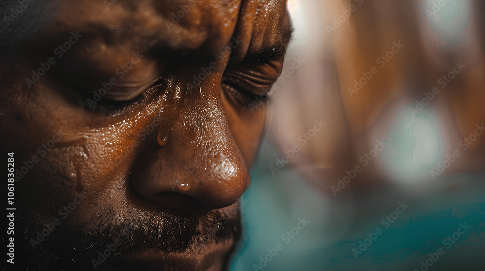 Man with sweat on his face and a wet nose. He looks sad and tired. Concept of exhaustion and discomfort Man with sweat on his face and a wet nose. He looks sad and tired. Concept of exhaustion and discomfort