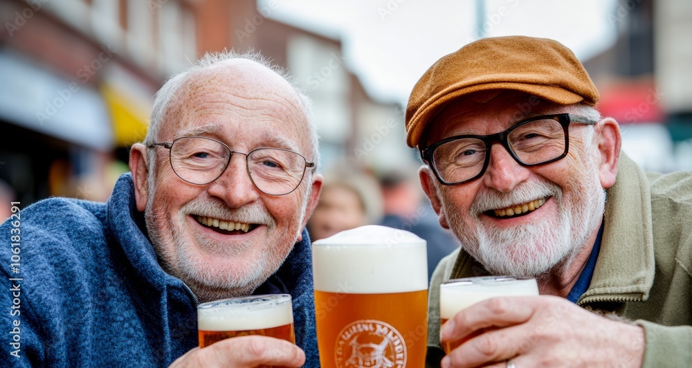 Two men are smiling and holding up their beer glasses. One of the men is wearing a hat Two men are smiling and holding up their beer glasses. One of the men is wearing a hat