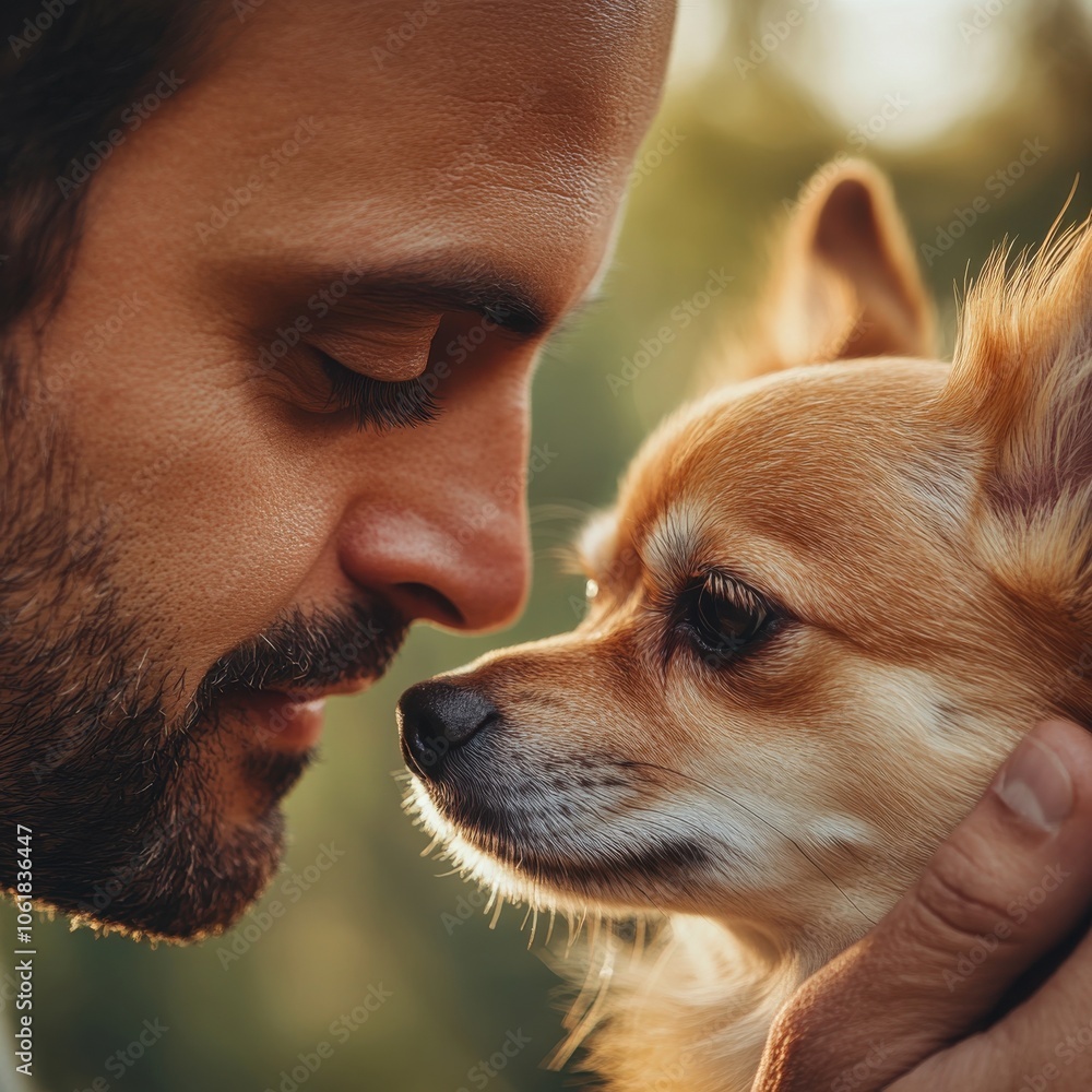 A man tenderly interacts with his small dog in a warm outdoor setting during golden hour, showcasing their special bond and affection