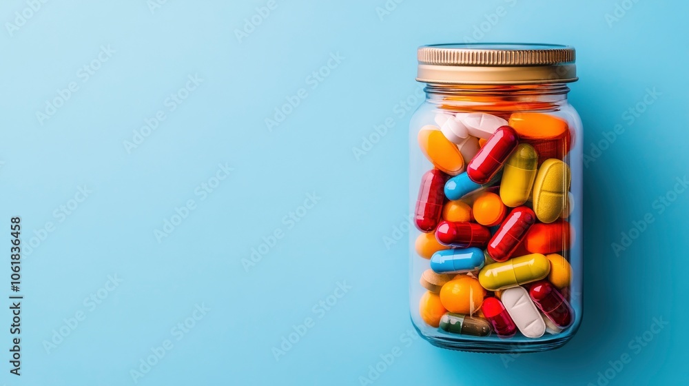 Glass Jar Filled with Colorful Pills on Blue Background Glass Jar Filled with Colorful Pills on Blue Background