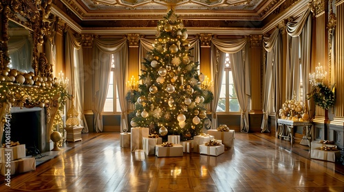 Elegant Christmas tree decorated in gold and silver ornaments, surrounded by wrapped presents in a luxurious room