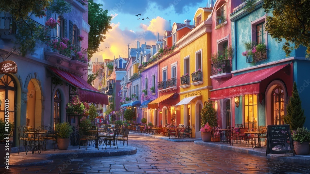 Fototapeta premium Charming street view of a vibrant, colorful neighborhood filled with outdoor cafes and blooming flowers during golden hour