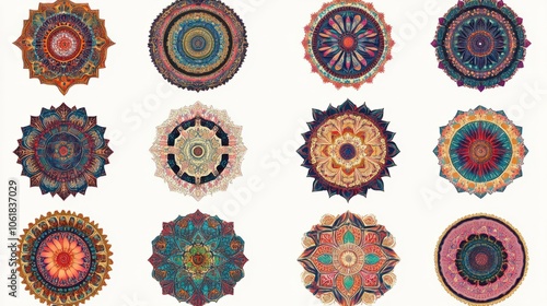 Colorful Tibetan mandala designs with intricate details, symbolizing harmony and cosmic order