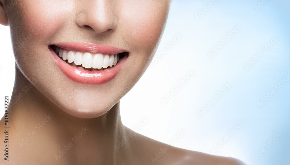 Beautiful white teeth, women's shining smile, dental health, closeup Beautiful white teeth, women's shining smile, dental health, closeup