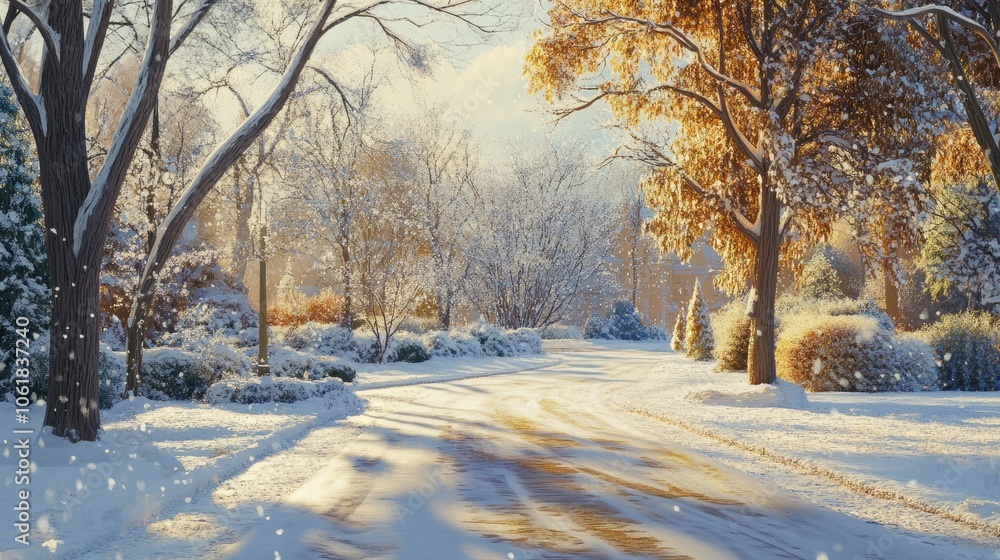 A charming winter road meanders through a park that is illuminated by the sun and covered in snow. A charming winter road meanders through a park that is illuminated by the sun and covered in snow.