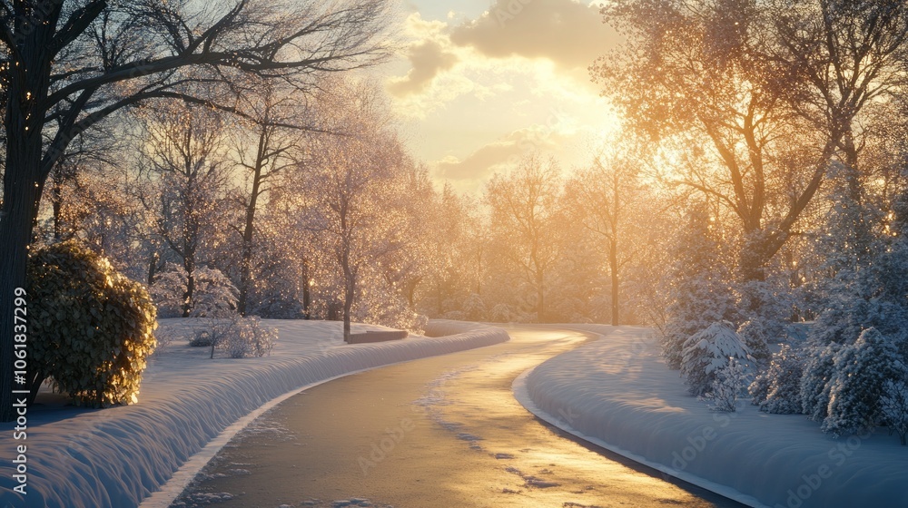 A charming winter road meanders through a park that is illuminated by the sun and covered in snow. A charming winter road meanders through a park that is illuminated by the sun and covered in snow.