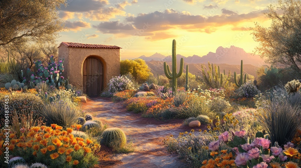 Naklejka premium Charming adobe structure surrounded by vibrant desert flowers at sunset in a serene southwestern landscape