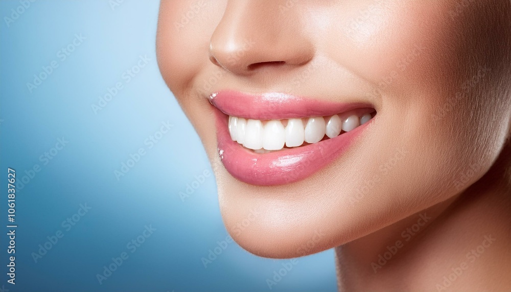 Fototapeta premium Beautiful white teeth, women's shining smile, dental health, closeup