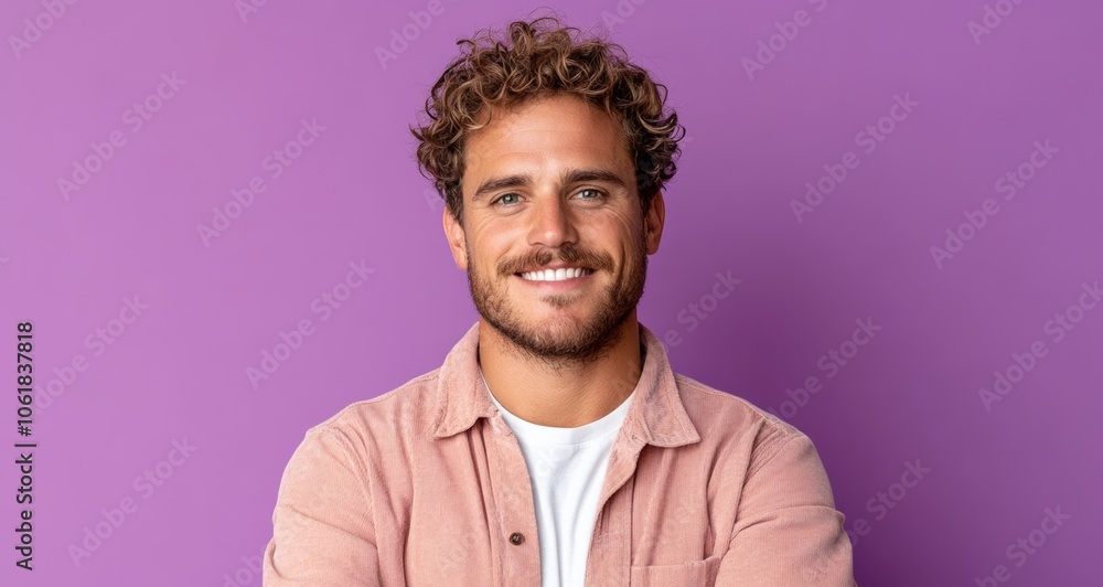 Fototapeta premium Man with curly hair is smiling and wearing a pink shirt. He is posing for a picture in front of a purple background