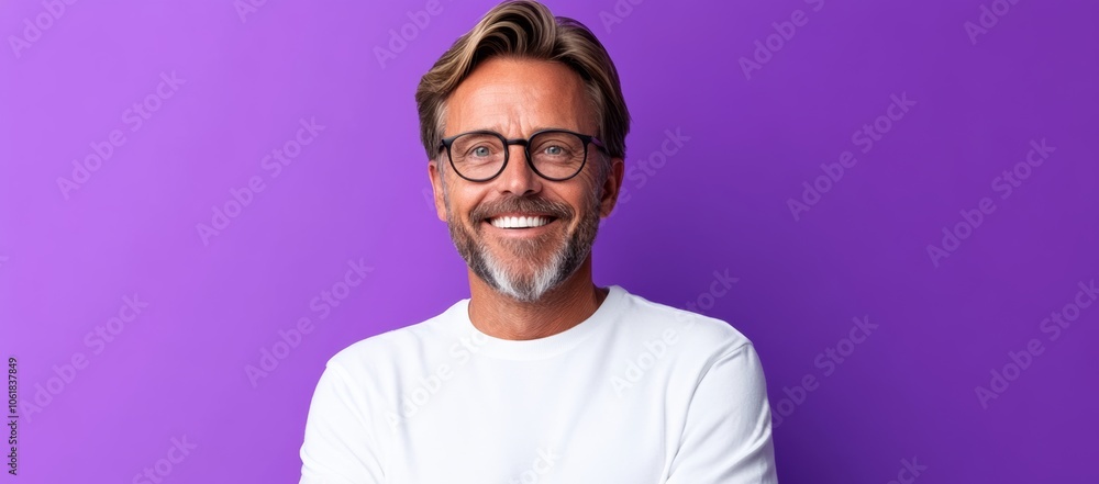 Fototapeta premium Man with glasses is smiling and posing for a picture. The image has a happy and friendly mood