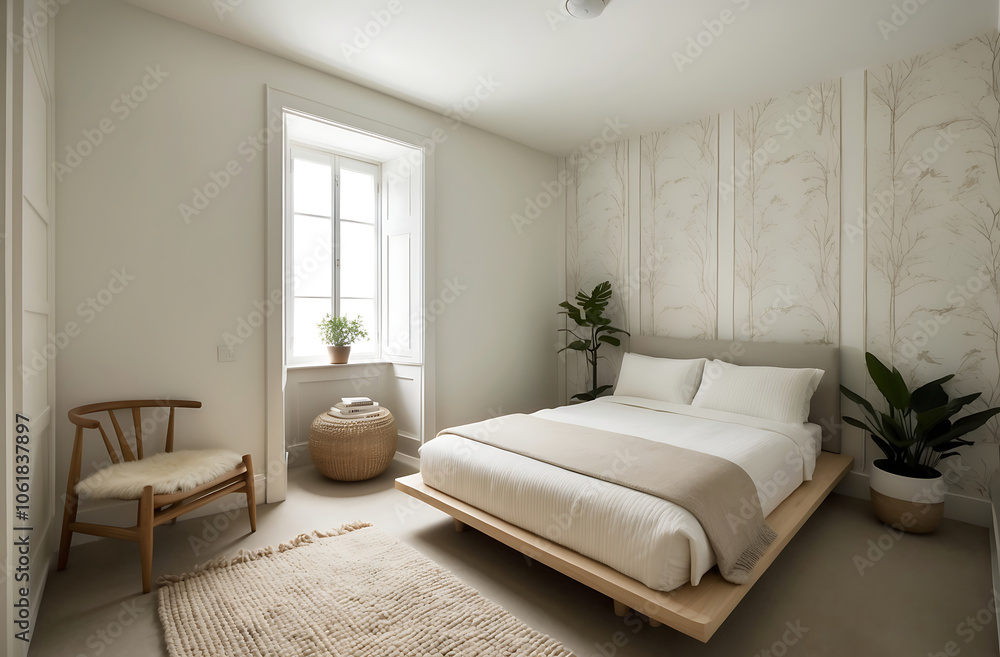 A serene small space bedroom designed in modern Japandi style featuring natural materials and light colors A serene small space bedroom designed in modern Japandi style featuring natural materials and light colors