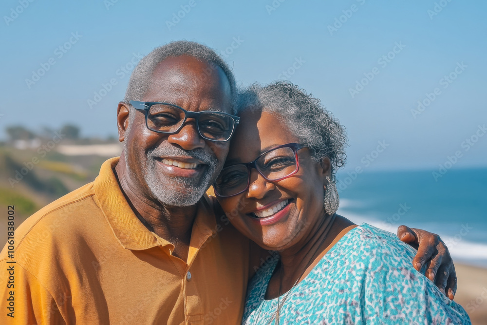 An elderly African American couple smiling in glasses against the backdrop of a seaside landscape. An elderly African American couple smiling in glasses against the backdrop of a seaside landscape.