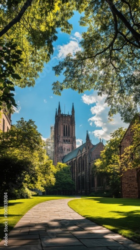 A stunning afternoon view highlighting the historic architecture and vibrant greenery of Yale University campus in New Haven, Connecticut photo