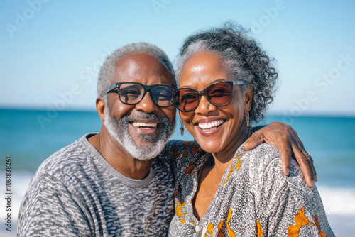 An elderly African American couple smiling in glasses against the backdrop of a seaside landscape.