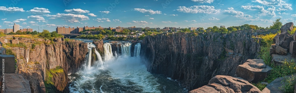 A stunning view of the Great Falls cascading down rocky cliffs with a vibrant sky and lush greenery nearby A stunning view of the Great Falls cascading down rocky cliffs with a vibrant sky and lush greenery nearby