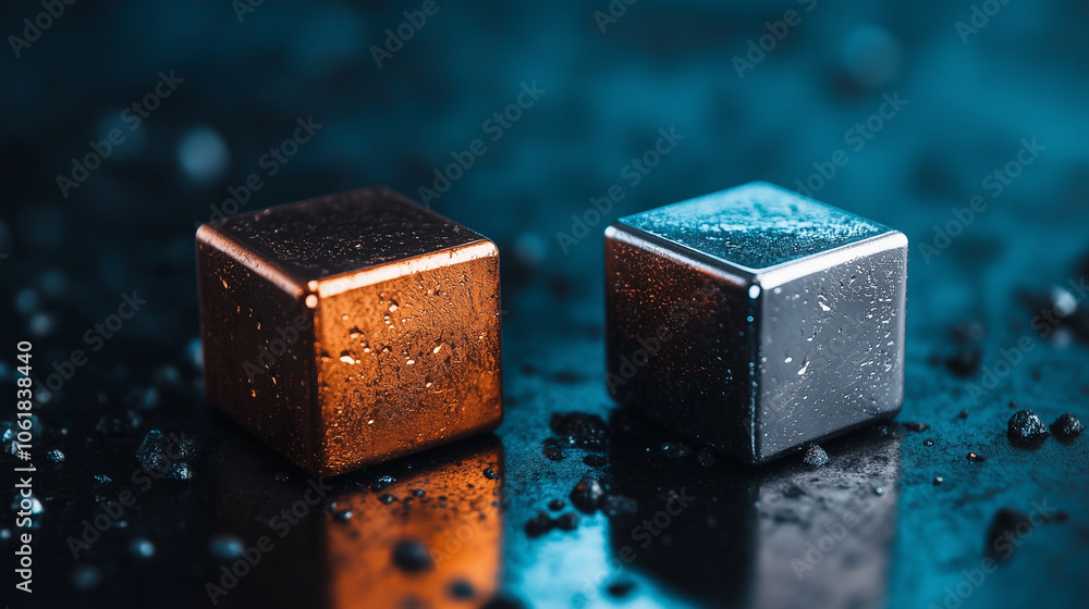 A pair of metal blocks with polished surfaces, one copper-toned and the other iron-gray, on a matte background, representing diverse magnetic properties of different metals and ore A pair of metal blocks with polished surfaces, one copper-toned and the other iron-gray, on a matte background, representing diverse magnetic properties of different metals and ore