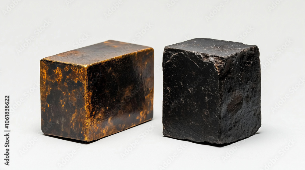 A pair of rectangular metal blocks, one smooth and reflective, the other rugged and dark, laid on a stark white background, representing the diverse composition of magnetic materia A pair of rectangular metal blocks, one smooth and reflective, the other rugged and dark, laid on a stark white background, representing the diverse composition of magnetic materia