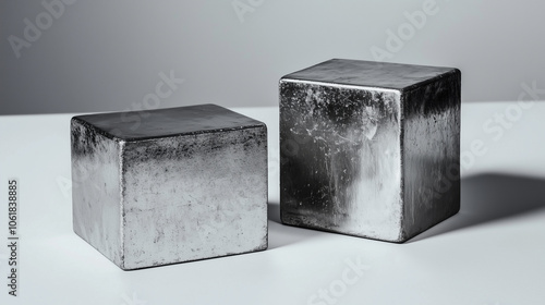 A set of two metal blocks, one refined and metallic silver, the other with a grainy, raw finish, on a plain white background, representing the natural forms of raw magnetic materia