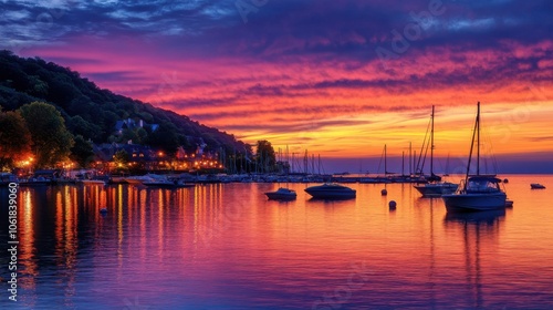 Breathtaking twilight over Lake Geneva with boats anchored along the shore and colorful clouds reflecting in the water