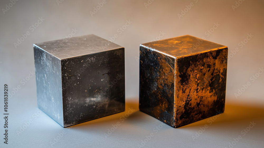 A pair of contrasting metal blocks, one with a pristine, polished surface and the other coarse and industrial, resting on a plain background, symbolizing the natural and processed A pair of contrasting metal blocks, one with a pristine, polished surface and the other coarse and industrial, resting on a plain background, symbolizing the natural and processed