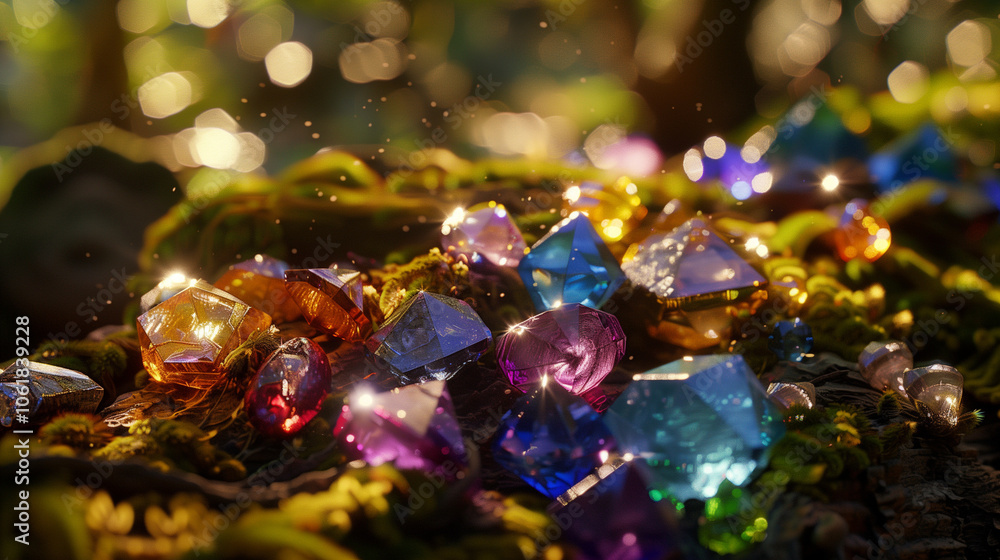 Colorful crystals and moss stones under sunlight in the forest, symbolizing the concept of energy healing, with green plants in blurred background. Colorful crystals and moss stones under sunlight in the forest, symbolizing the concept of energy healing, with green plants in blurred background.