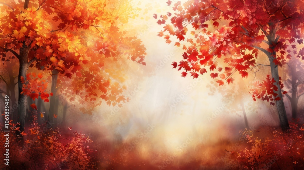 A serene autumn landscape featuring vibrant red and orange foliage with a gentle, foggy background. A serene autumn landscape featuring vibrant red and orange foliage with a gentle, foggy background.