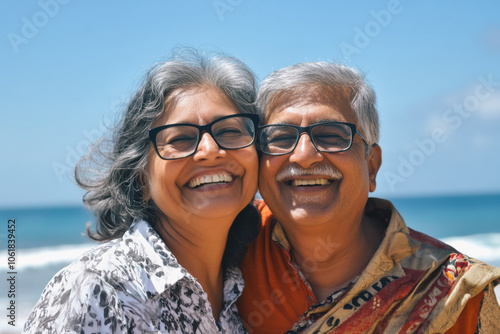 An elderly Indian couple smiling in glasses against the backdrop of a seaside landscape.