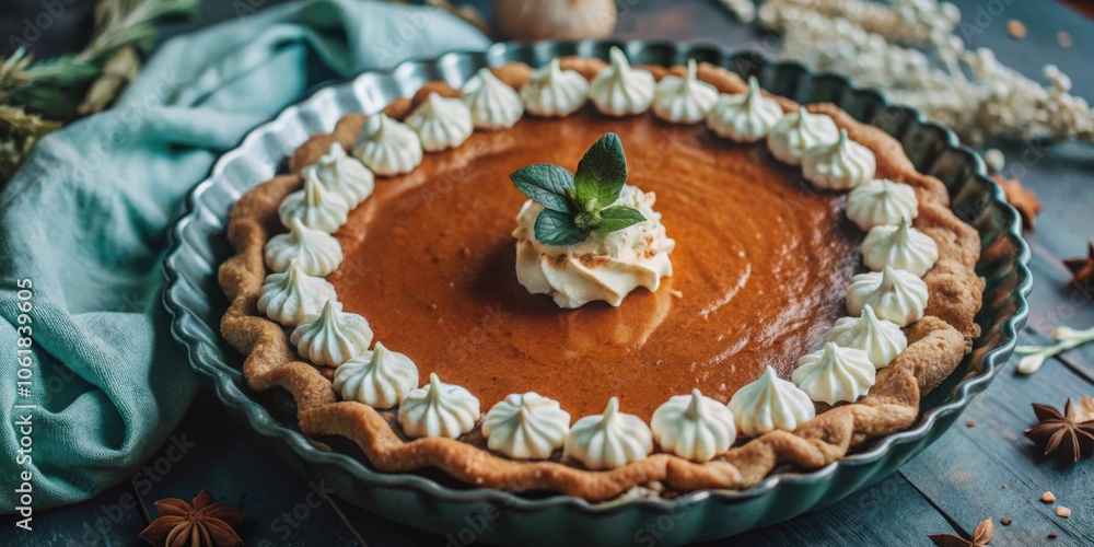 A perfectly baked pumpkin pie with a flaky crust topped with fluffy whipped cream and a sprig of fresh mint, ready to be devoured. A perfectly baked pumpkin pie with a flaky crust topped with fluffy whipped cream and a sprig of fresh mint, ready to be devoured.