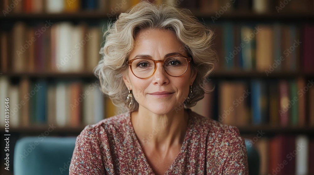 Elegant Woman in Glasses Sitting in Cozy Library Setting Elegant Woman in Glasses Sitting in Cozy Library Setting