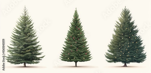 A set of four Christmas trees with lights and ornaments. Happy New Year.