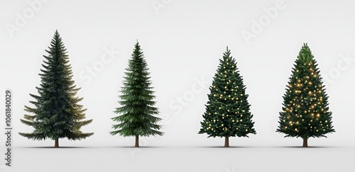 A set of four Christmas trees with lights and ornaments. Happy New Year.