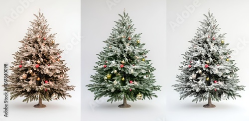 A set of four Christmas trees with lights and ornaments. Happy New Year.
