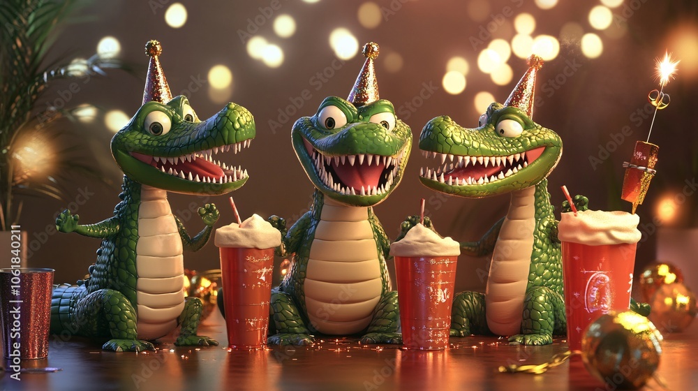 Fototapeta premium 3D Fun Crocodiles Celebrating at New Year's Party