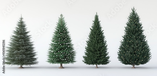 A set of four Christmas trees with lights and ornaments. Happy New Year.