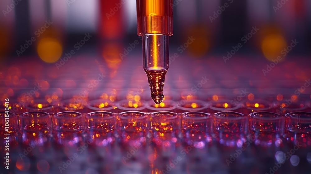 Macro Shot of Pipette Dispenser Tip Filling Wells on Microplate for Immunoassay - Detailed Laboratory Equipment in Action Macro Shot of Pipette Dispenser Tip Filling Wells on Microplate for Immunoassay - Detailed Laboratory Equipment in Action