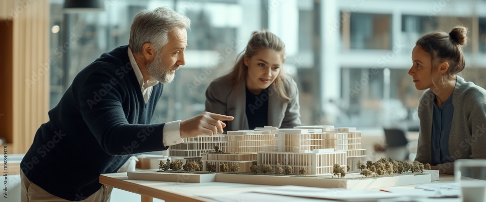 A senior architect discusses a building model with two younger colleagues. A senior architect discusses a building model with two younger colleagues.