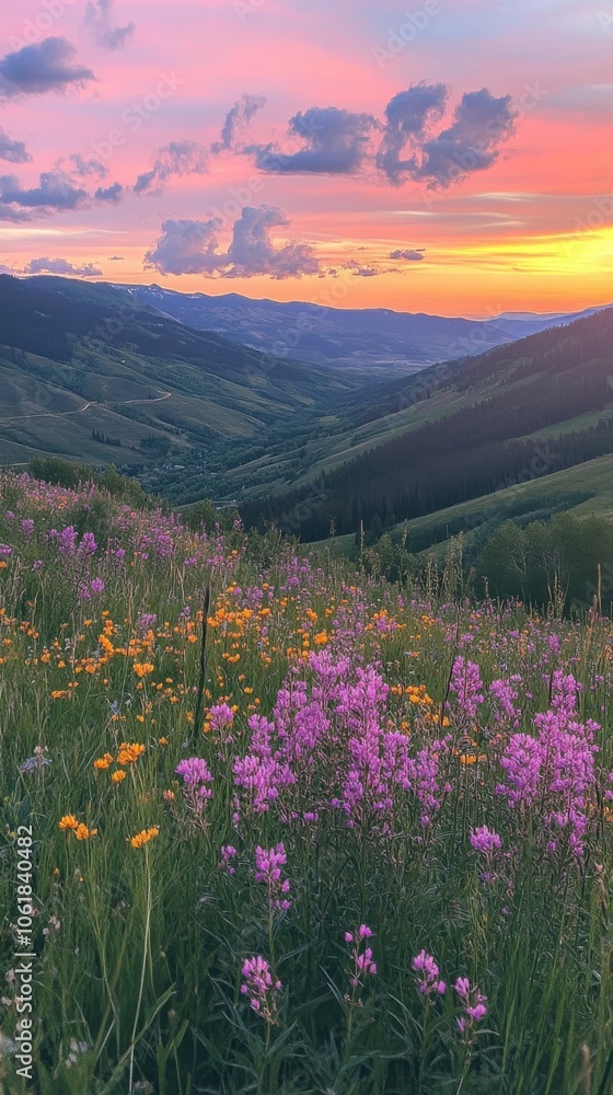 Fototapeta premium Stunning sunset over Vail Valley with vibrant wildflowers blooming in the foreground and mountains in the distance